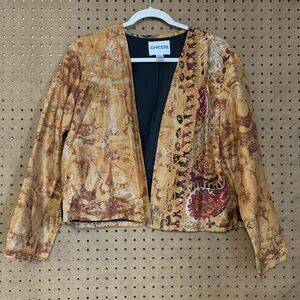 Chicos Silk Blazer Mixed Print Paisley Open‎ Front Boho Artsy Mature Size 1 Med